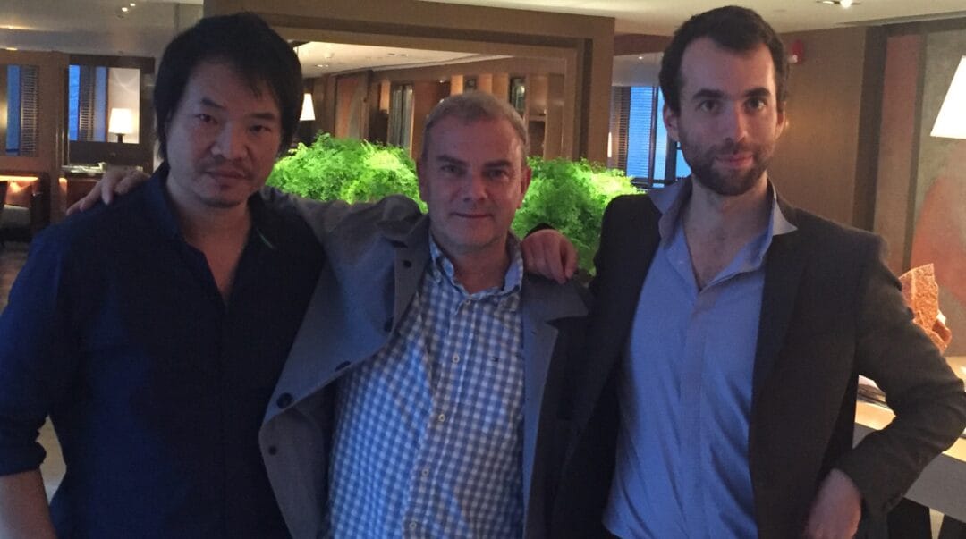 Meeting at the Rosewood Hotel with the famous artist Han Lei, me and Jérémie Thircuir.