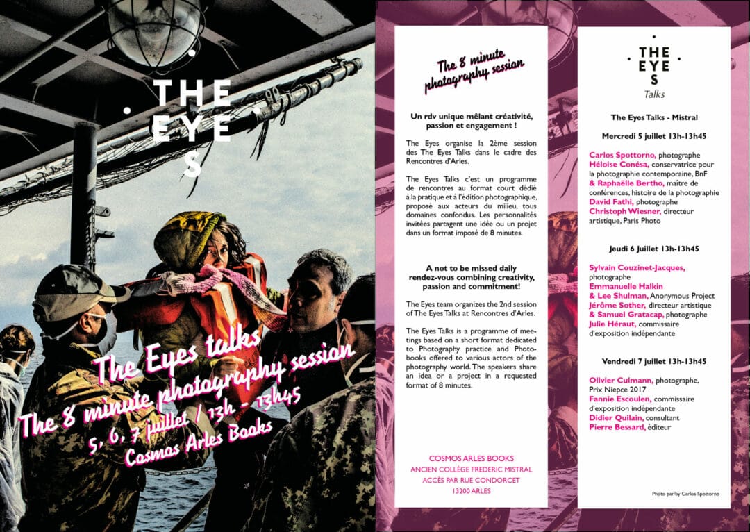 Hello Gang, je serais en Arles à partir de dimanche, Place Voltaire au Parti Communiste Français, lundi et mardi matin lecture de Portfolio pour les Rencontres d’Arles et vendredi 7 juillet 12h-13h45 Talks the Eyes « The 8 minute photography session «